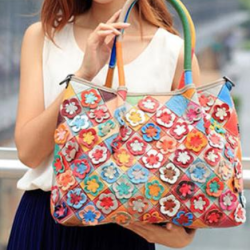 spring flower patchwork genuine leather handbag